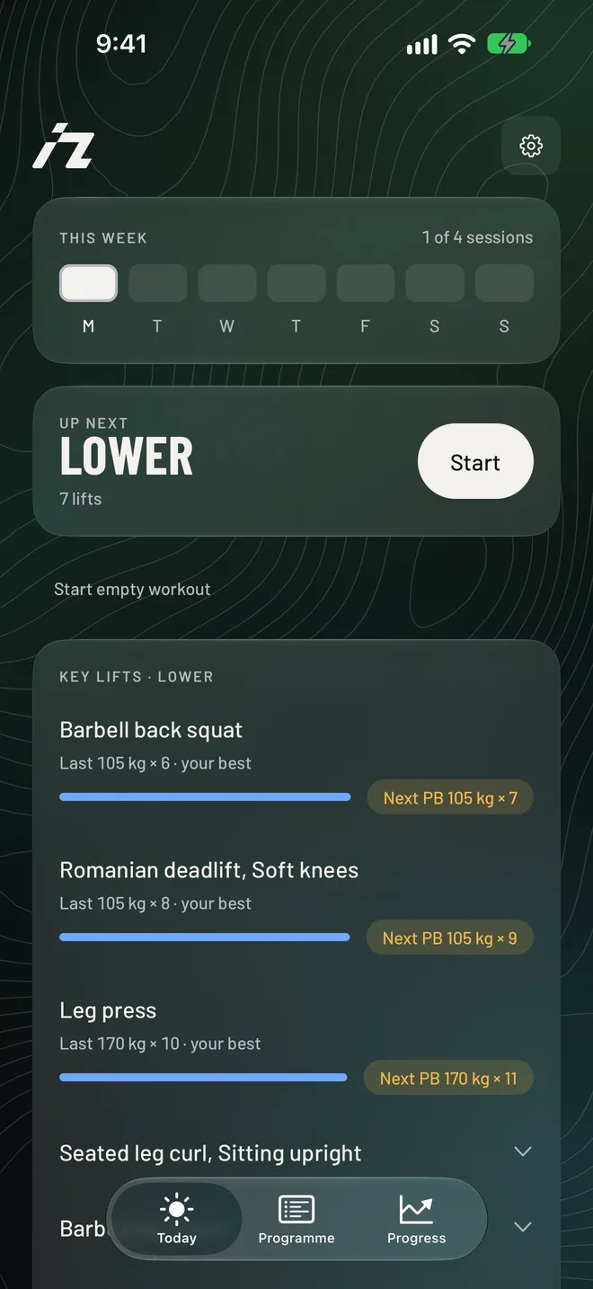The Today screen in nuku: this week's sessions, the next workout and its lifts, each with last time, best and the next PB.